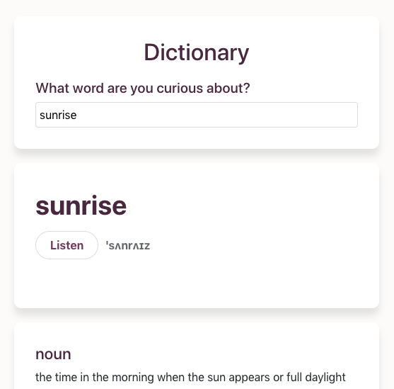 image of the dictionary app coded in react