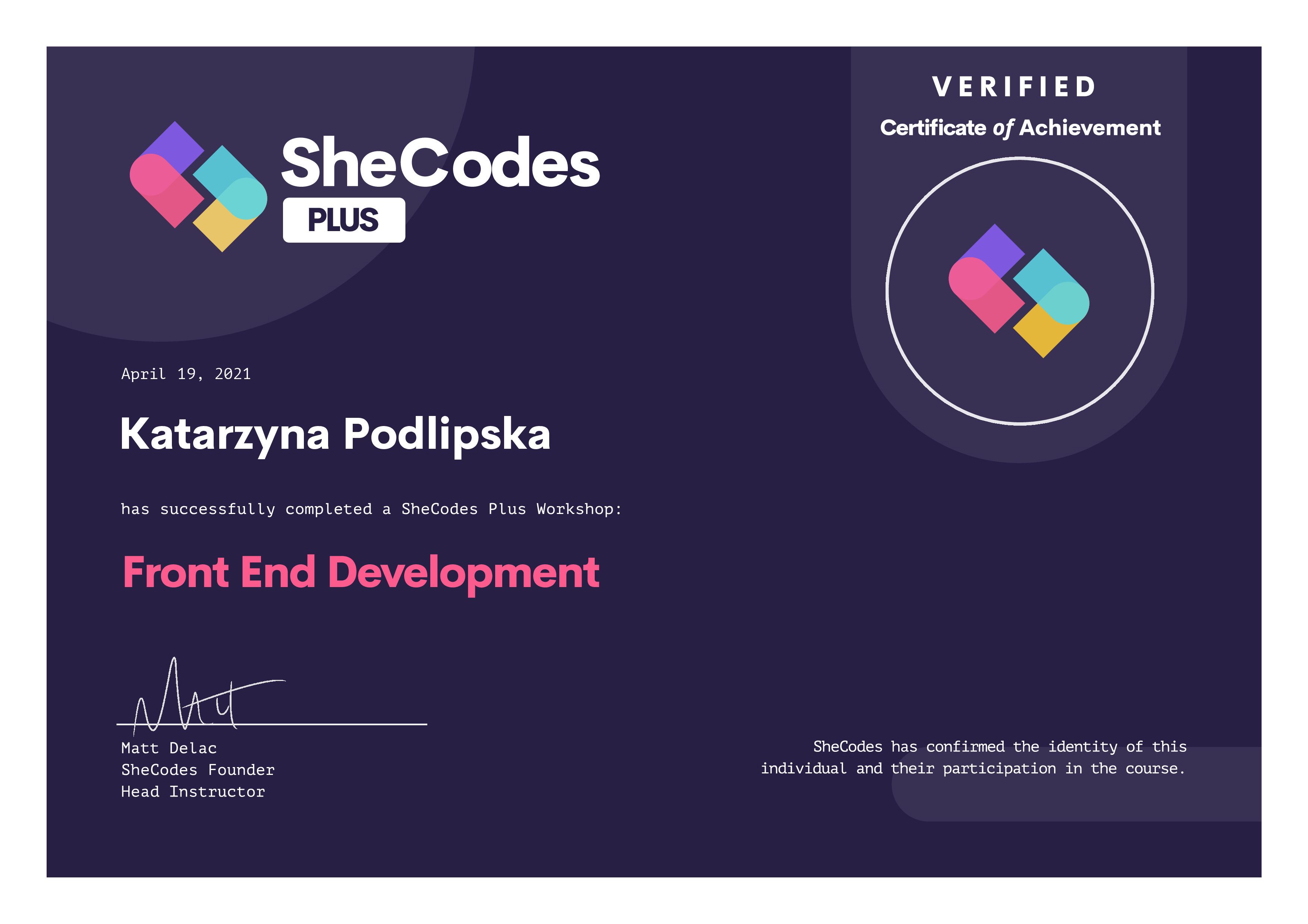 certification of front end development from SheCodes