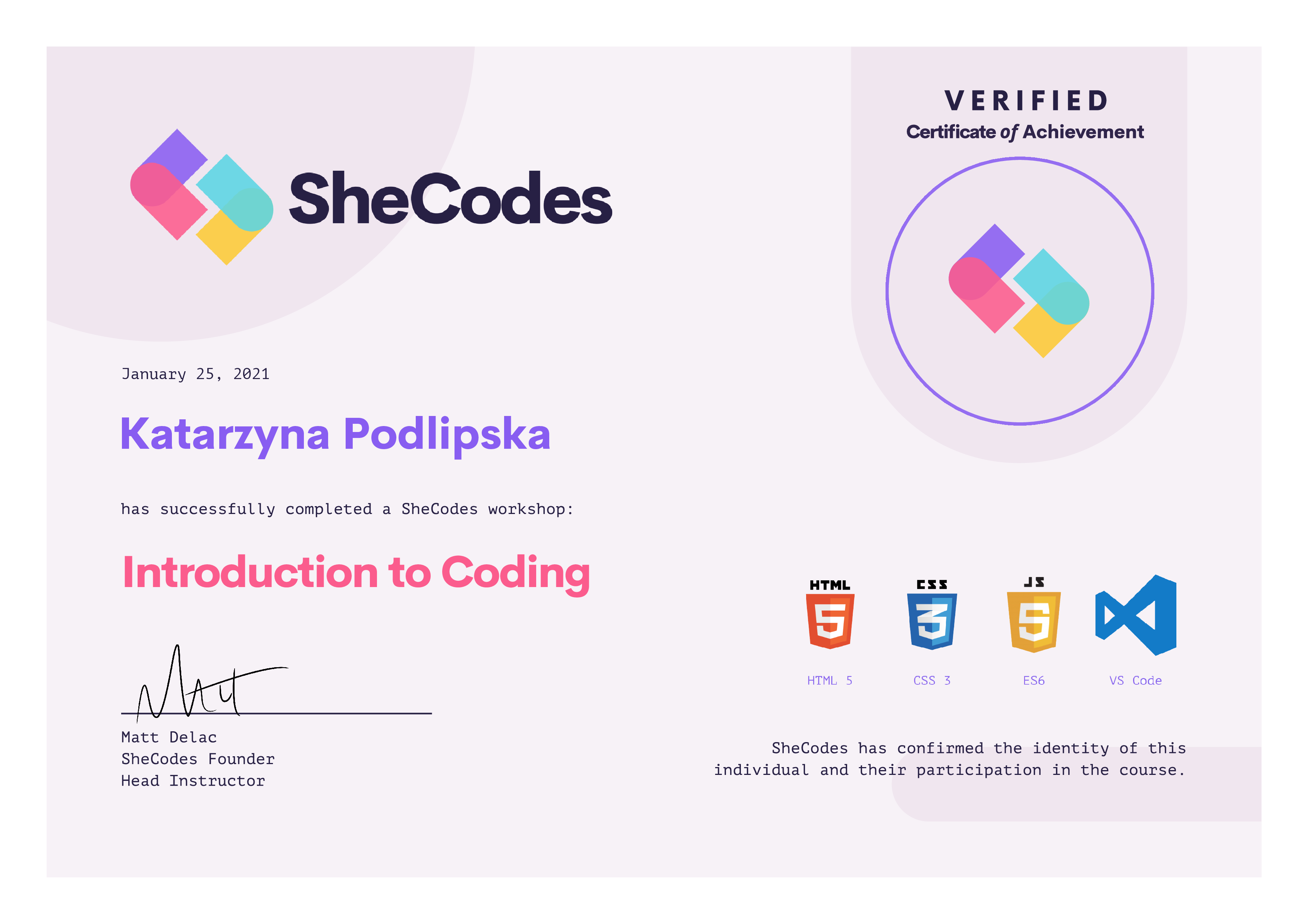 certification of introduction to coding from SheCodes