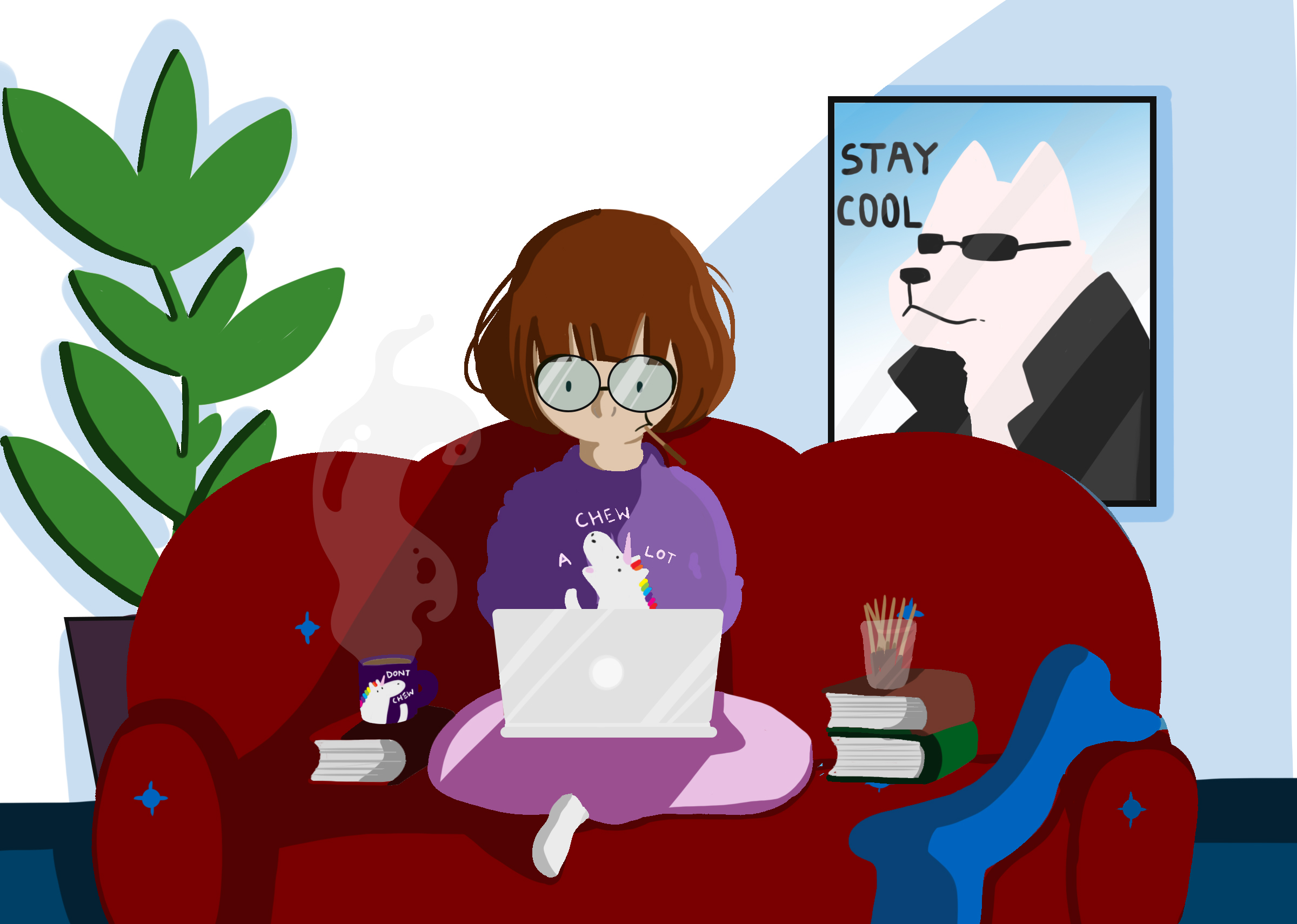 drawing of Kasia sitting on a sofa and coding, with a steaming coffee on a pile of books, munching on some Pocky, with a plant by the side of the sofa