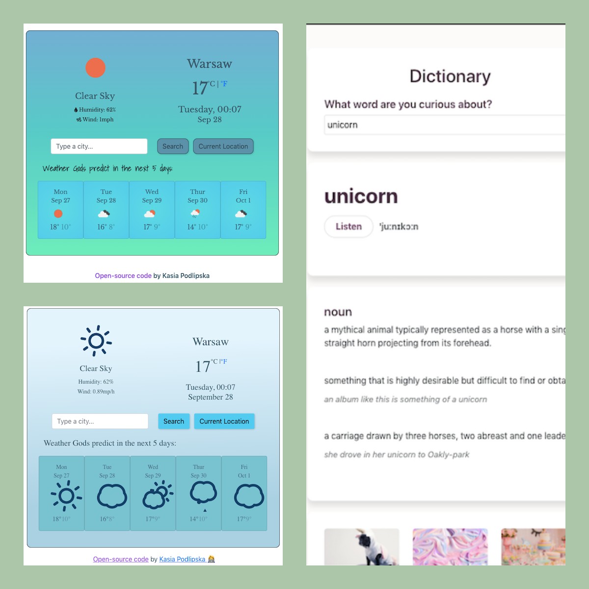 collage of weather app react, weather app javascript vanilla, dictionary app react