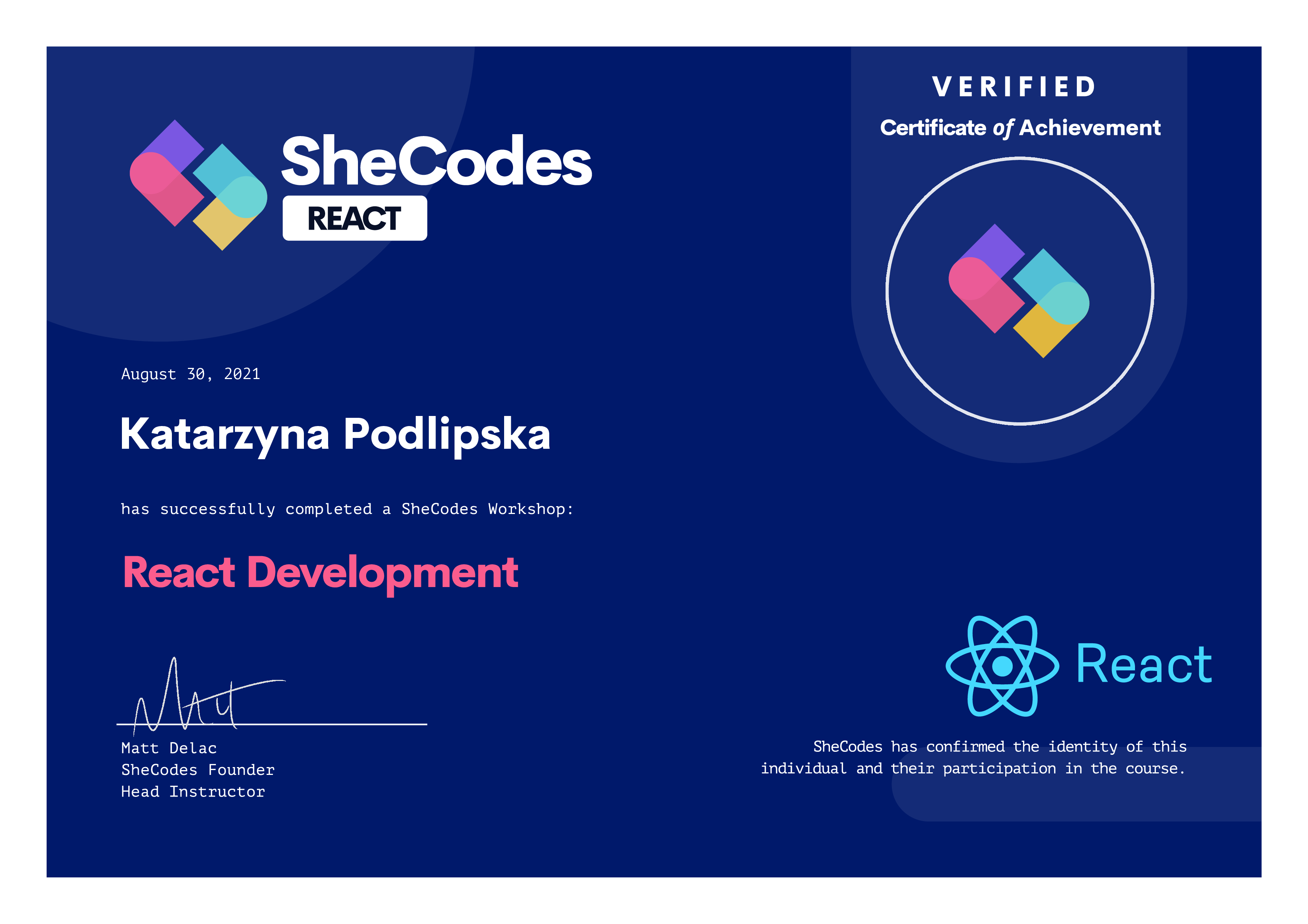 certification of react development from SheCodes