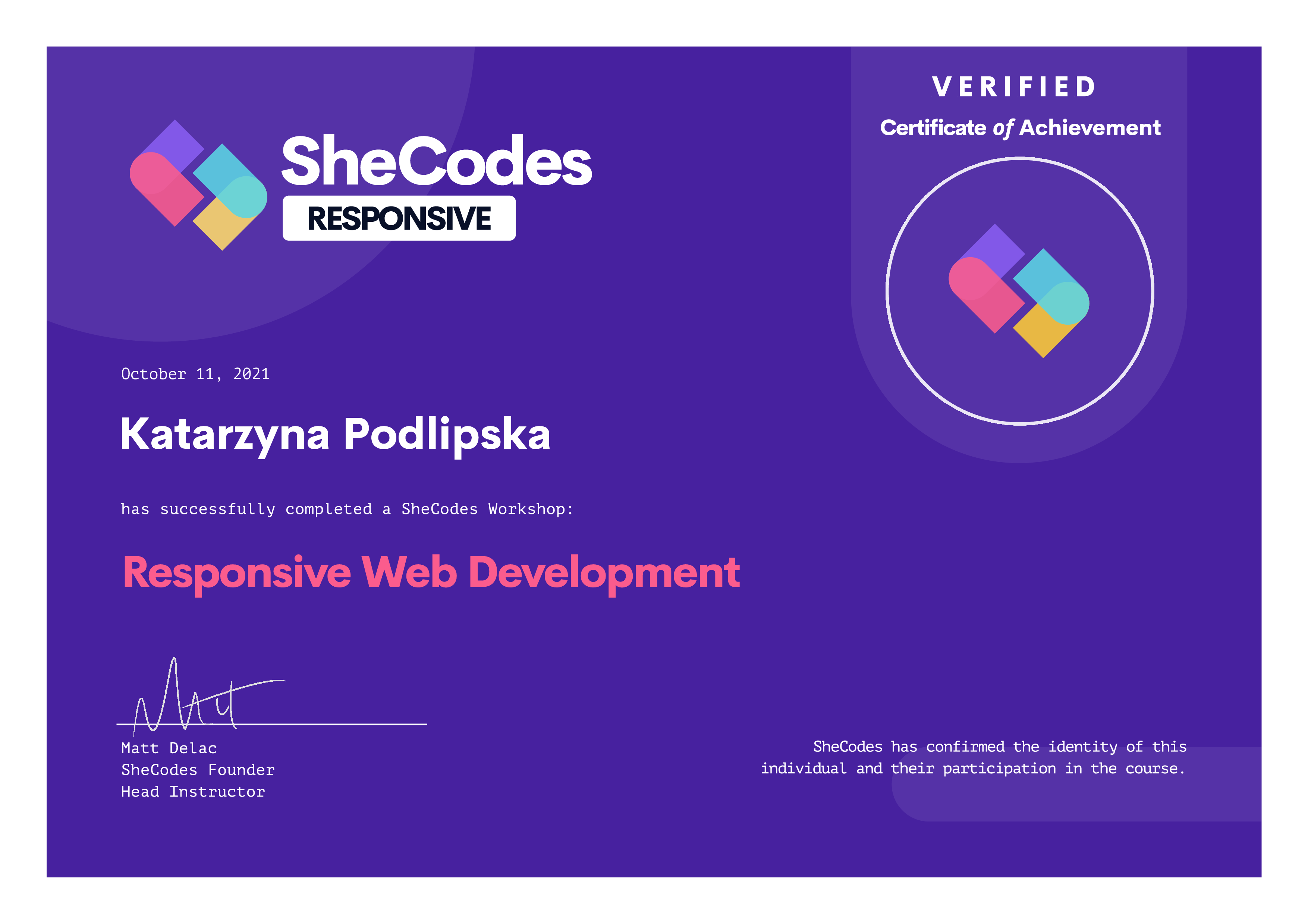 certification of responsive web development from SheCodes