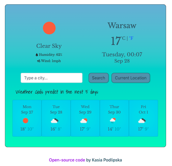 image of the weather app coded in javascript vanilla